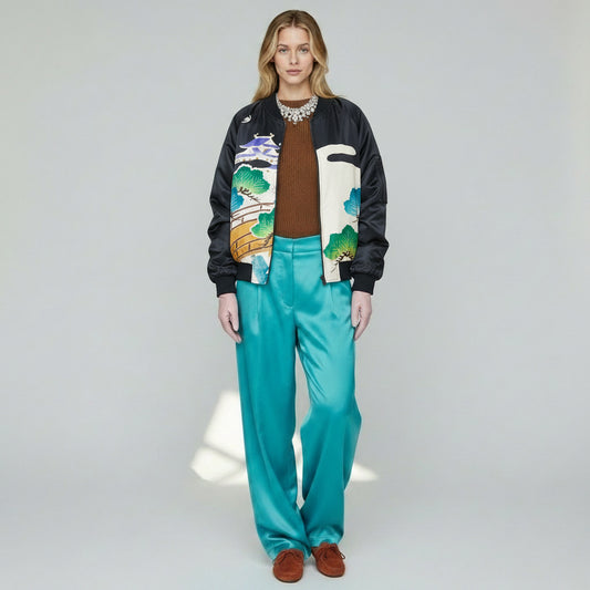 ヴィンテージ着物リメイク ボンバージャケット Mサイズ | シルク和柄ジップアップ | RIKA SHIOYA BOUTIQUE