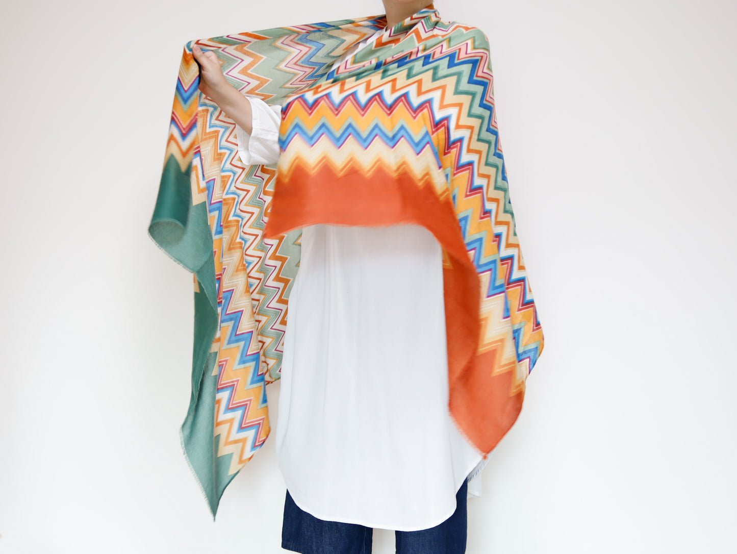 <A17O> PRINTED Scarf ZIGZAG -ORANGE/GREEN