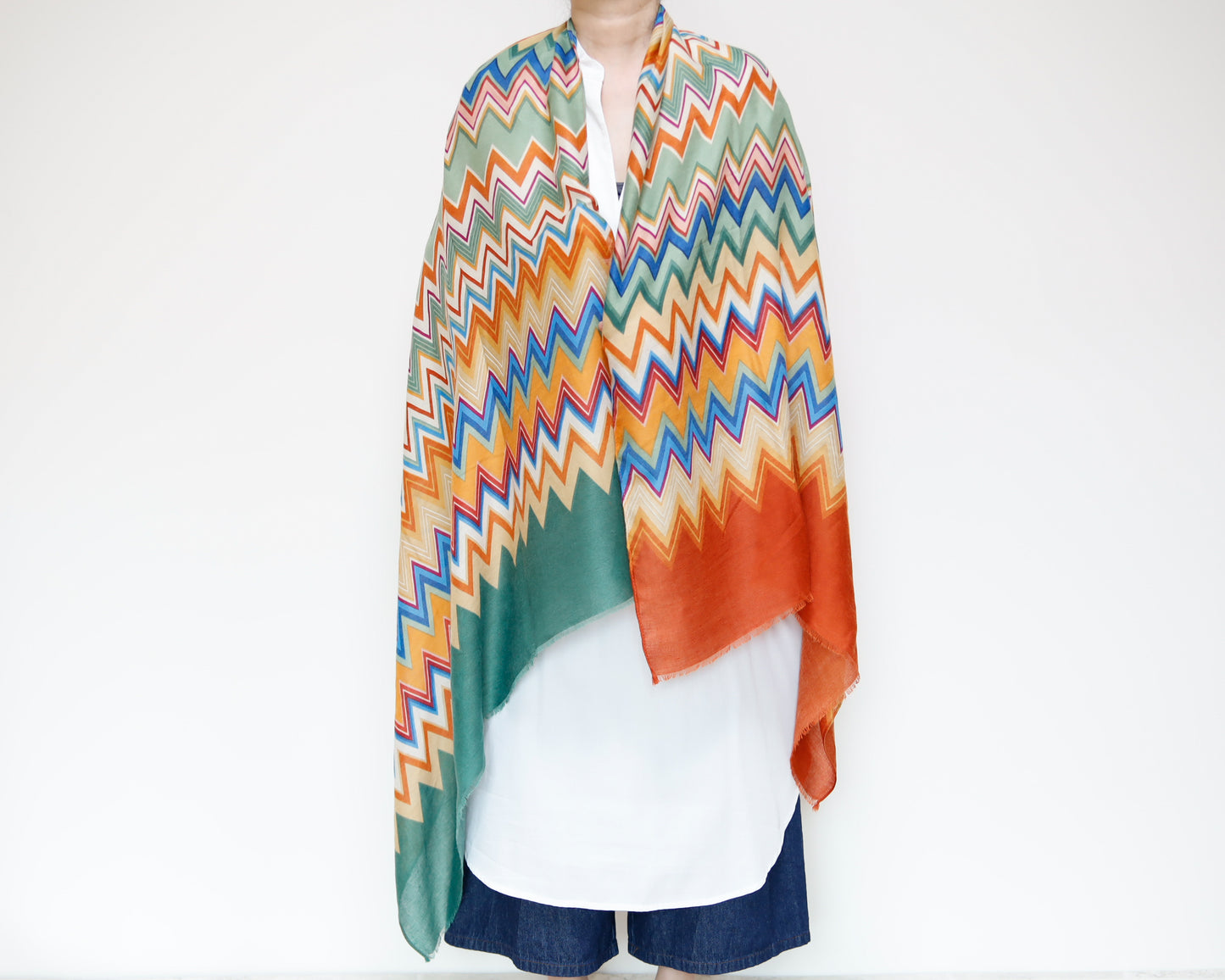 <A17O> PRINTED Scarf ZIGZAG -ORANGE/GREEN
