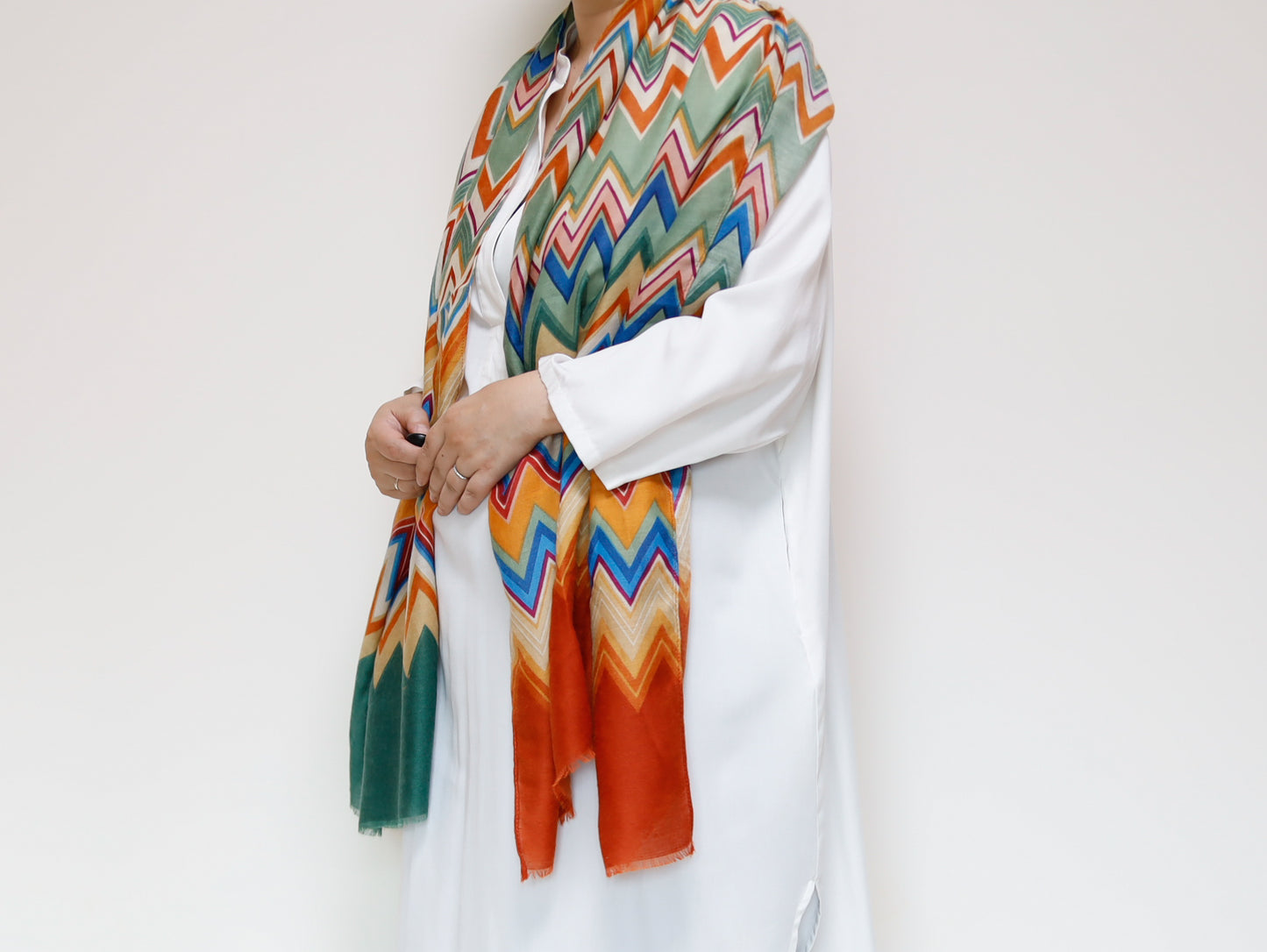 <A17O> PRINTED Scarf ZIGZAG -ORANGE/GREEN