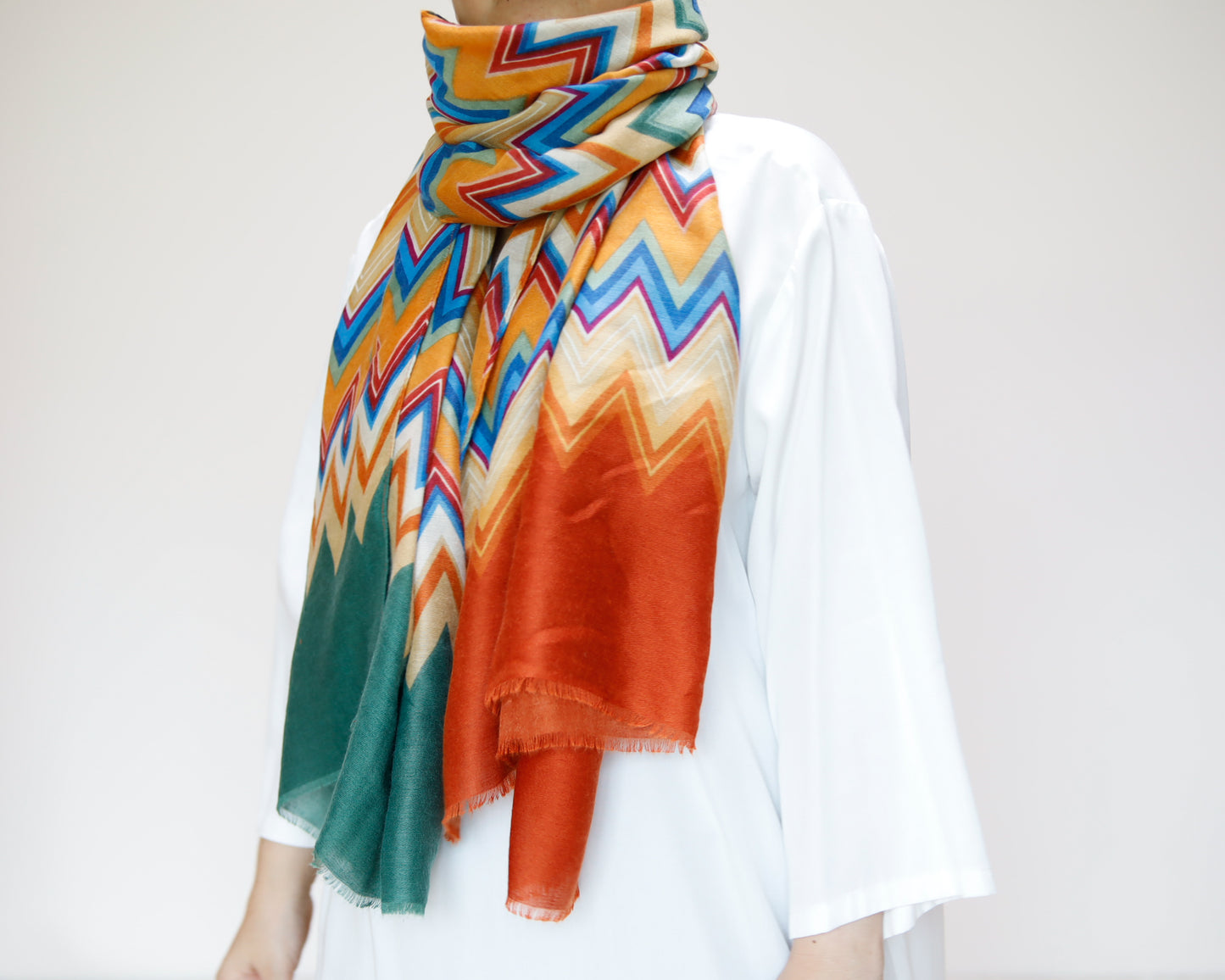 <A17O> PRINTED Scarf ZIGZAG -ORANGE/GREEN