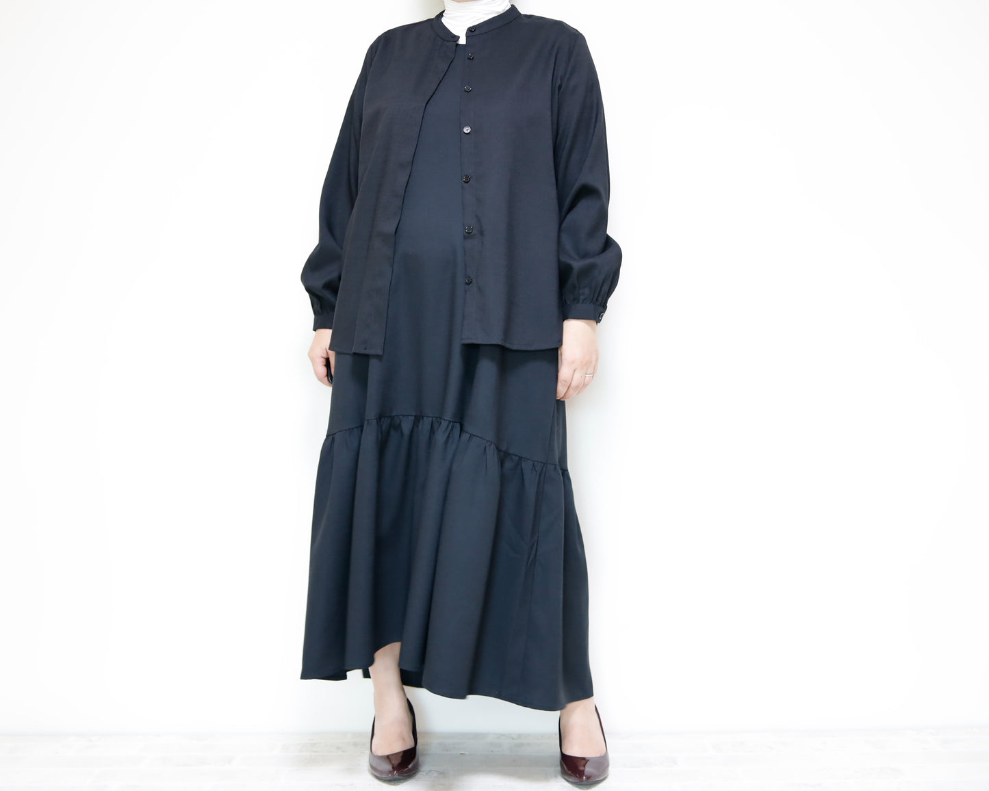 <D18NR> Drop ruffle maxi Dress BLACK