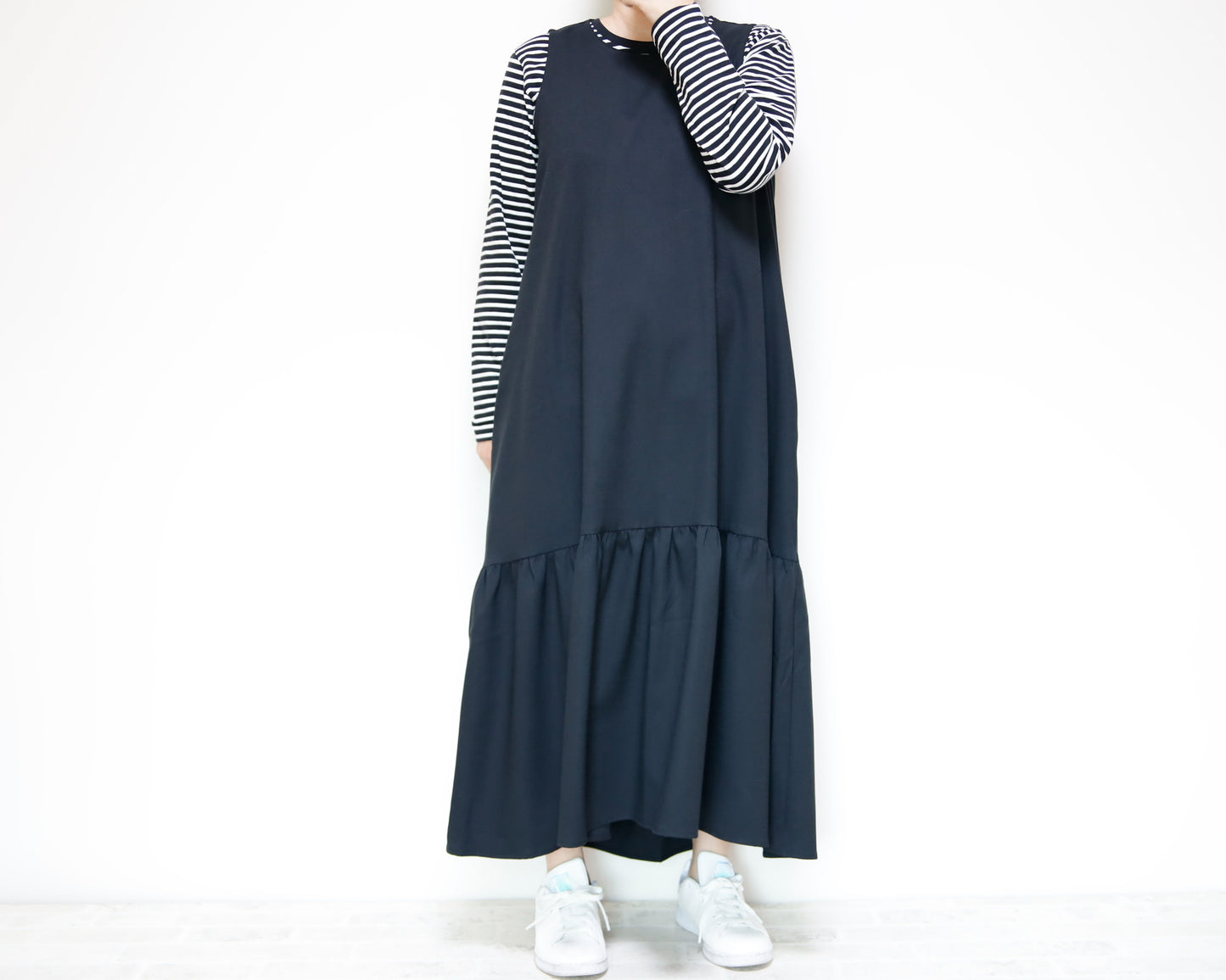 <D18NR> Drop ruffle maxi Dress BLACK