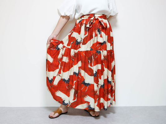 <S39CR> JAPANESE CRANE PRINTED Skirt RED -Length 90cm