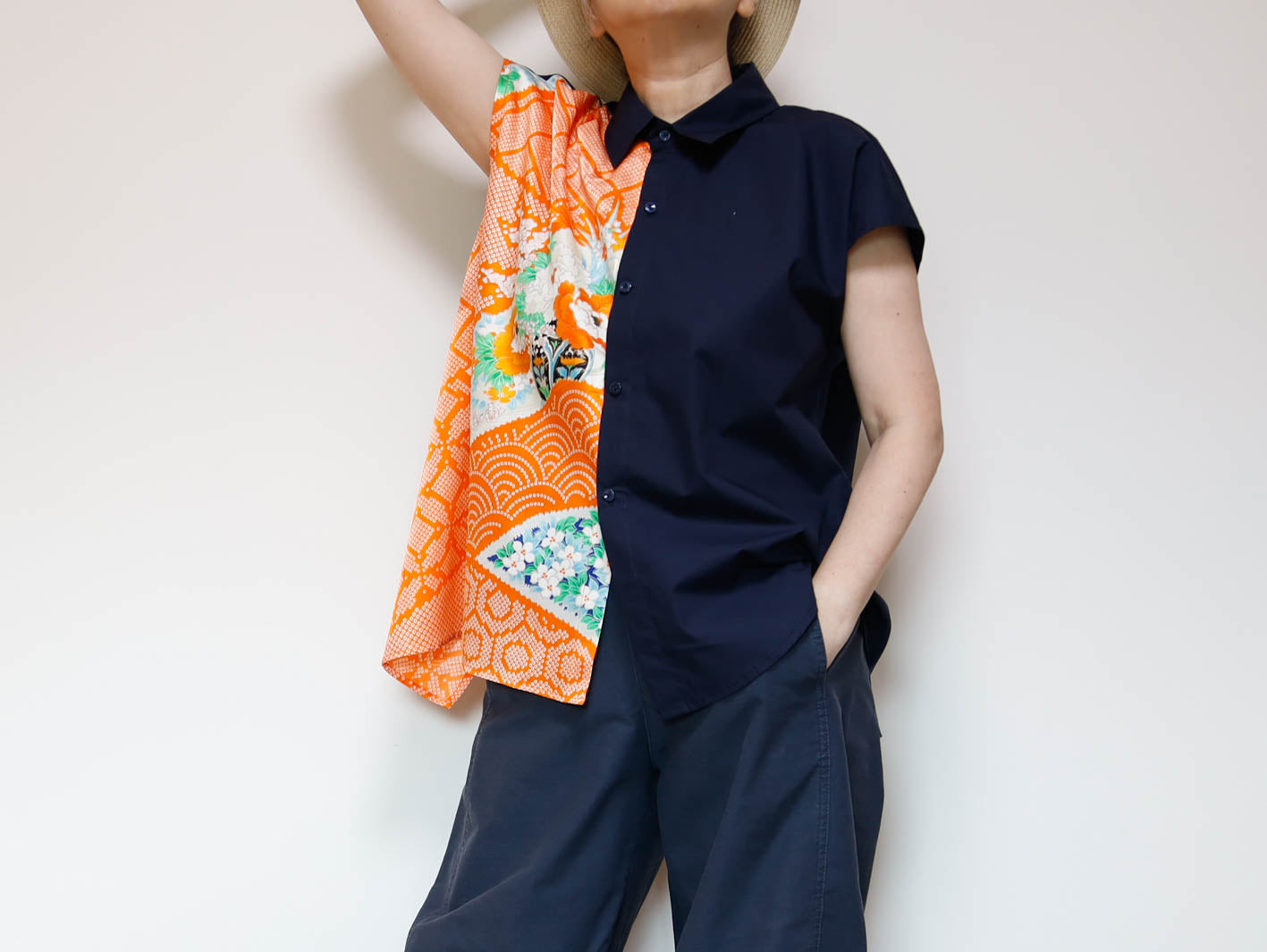 <T34K-001> One-of-a-Kind Asymmetric Sleeveless Blouse | Kimono Silk Panel | 100% Cotton Body