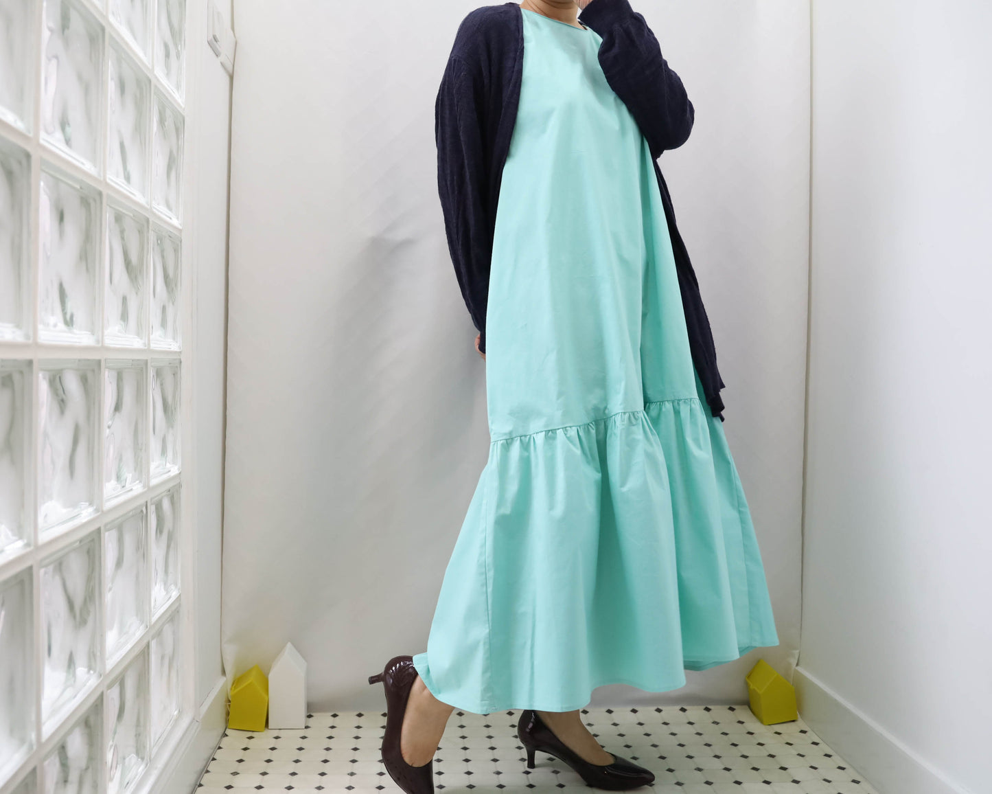 <D18M> Drop ruffle maxi Dress Mint