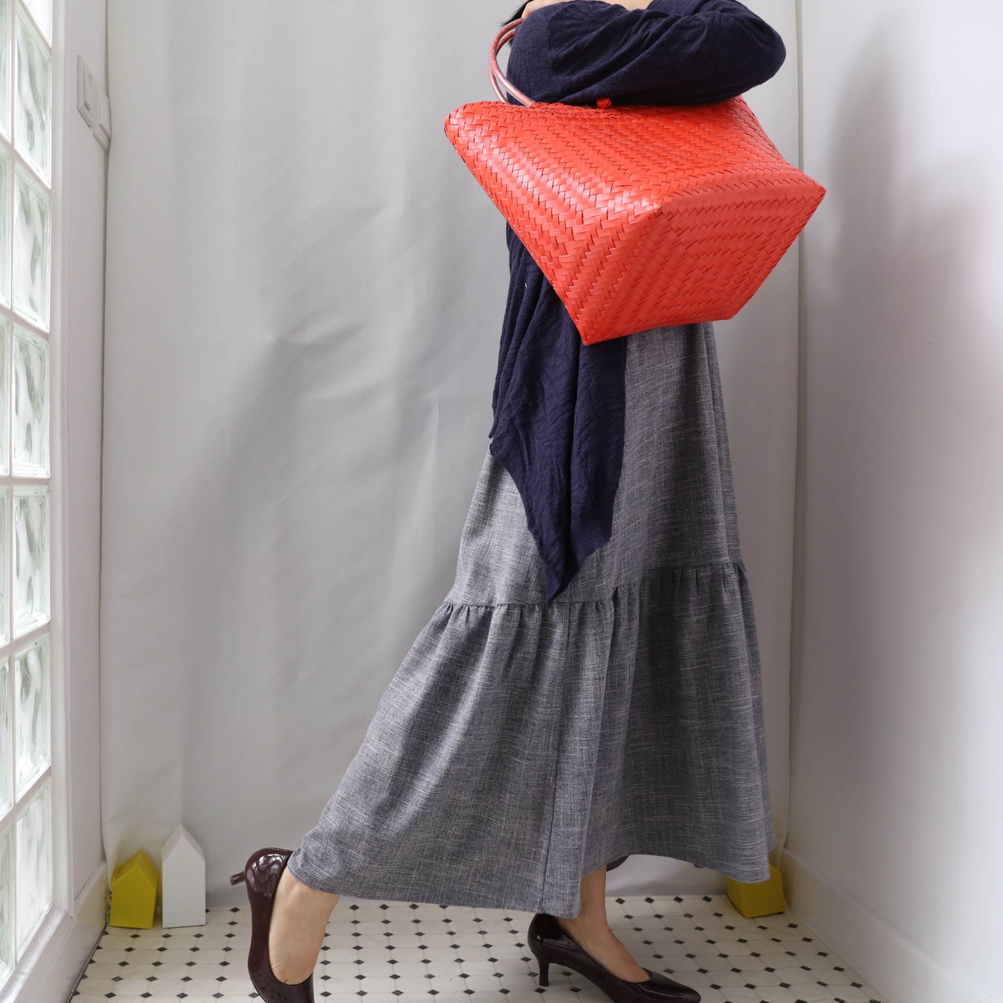 <D18G> Drop ruffle maxi Dress GRAY