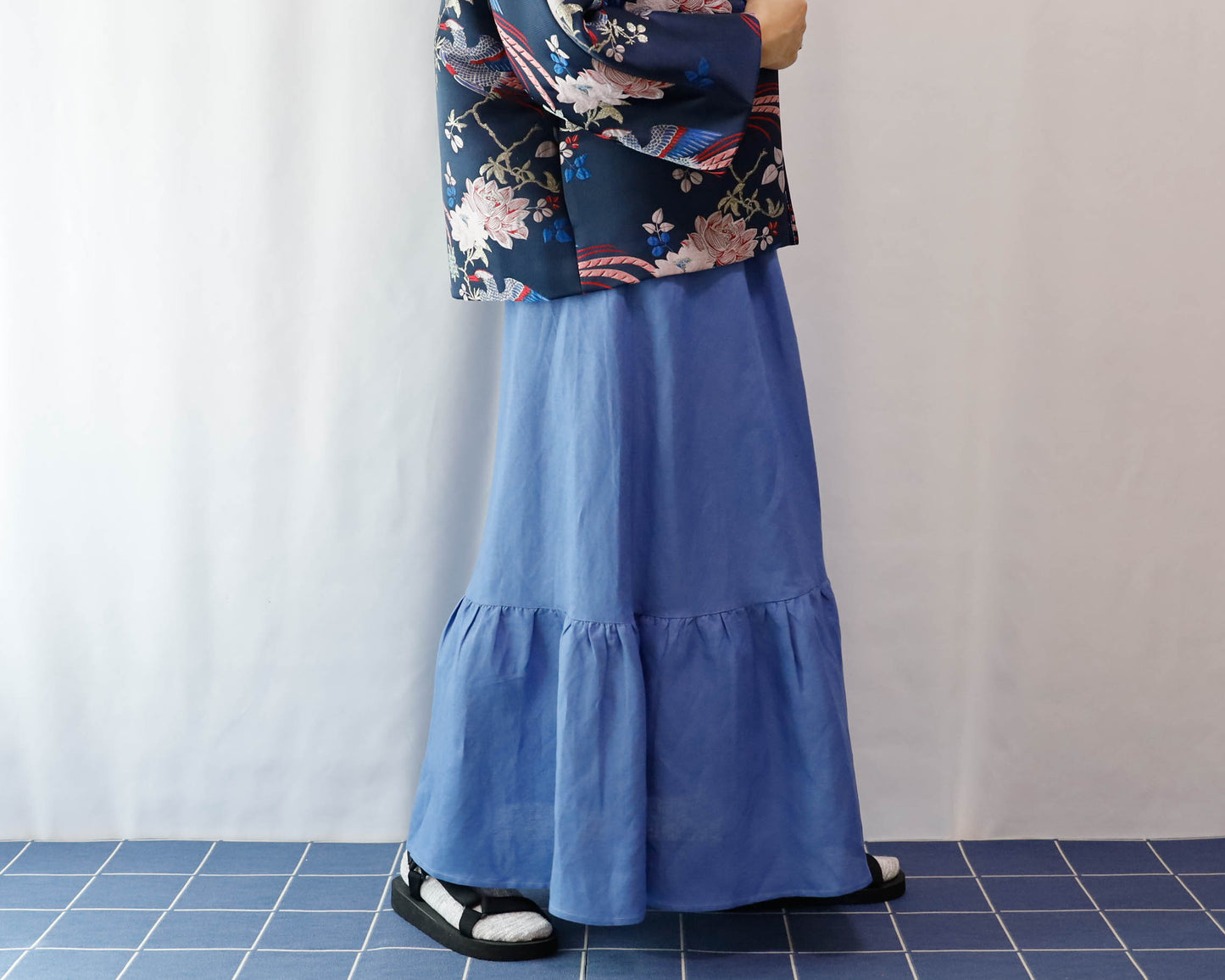 <S32B> LINEN RAYON SKIRT Blue