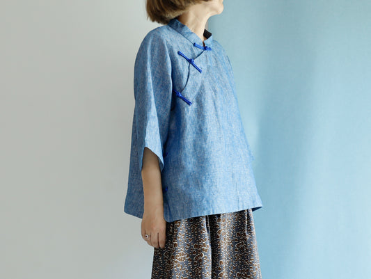 <RS21T27BS> CHINOISERIE Blouse -BLUE LINEN
