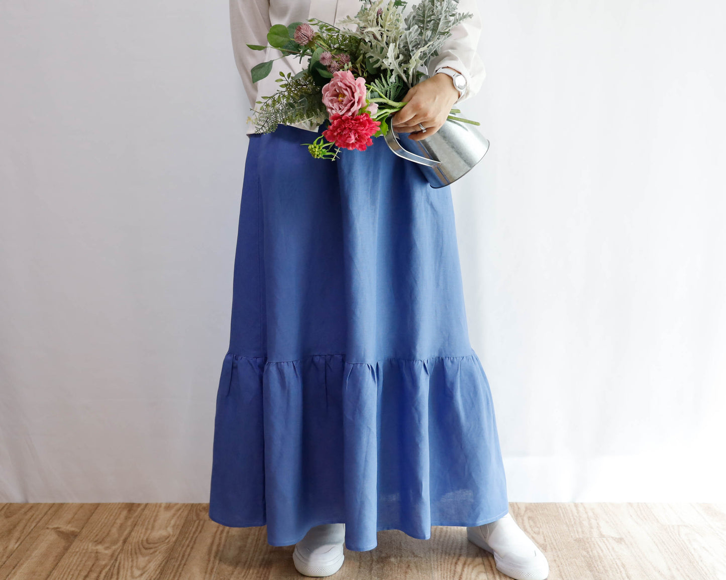 <S32B> LINEN RAYON SKIRT Blue