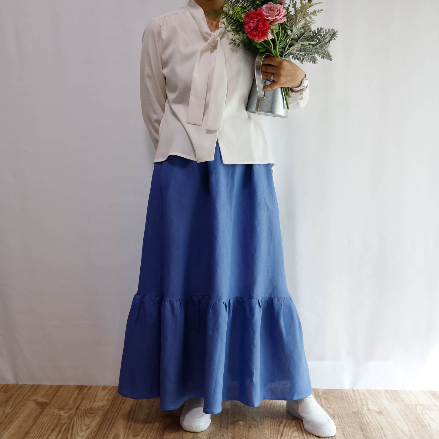 <S32B> LINEN RAYON SKIRT Blue