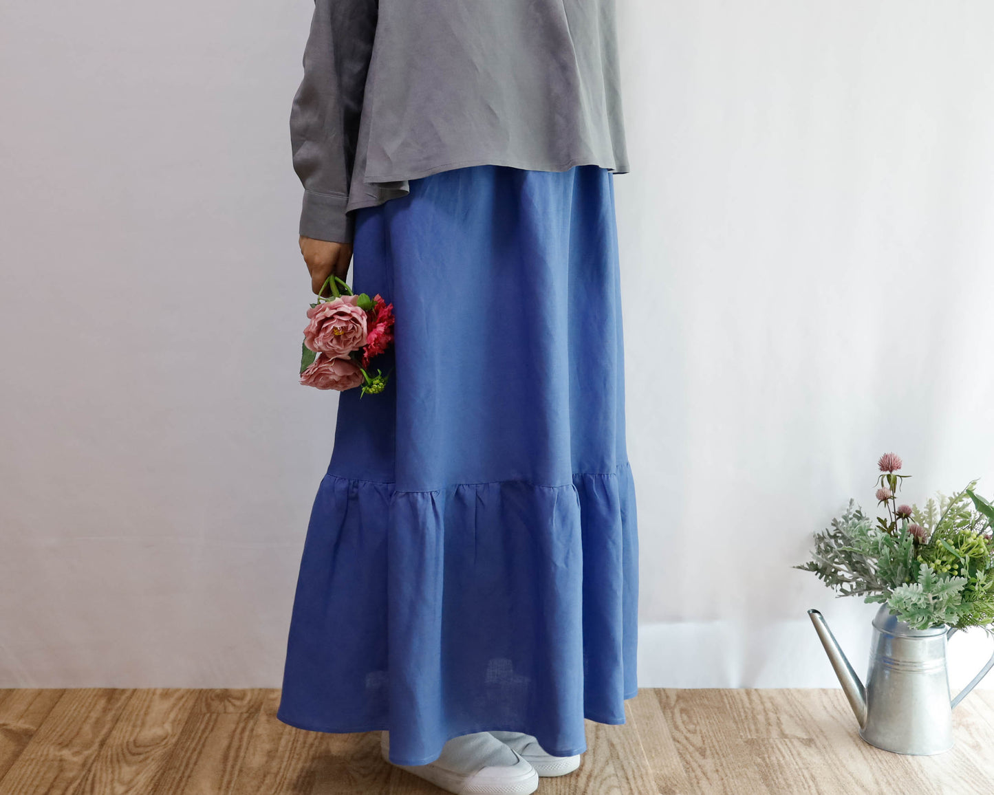 <S32B> LINEN RAYON SKIRT Blue