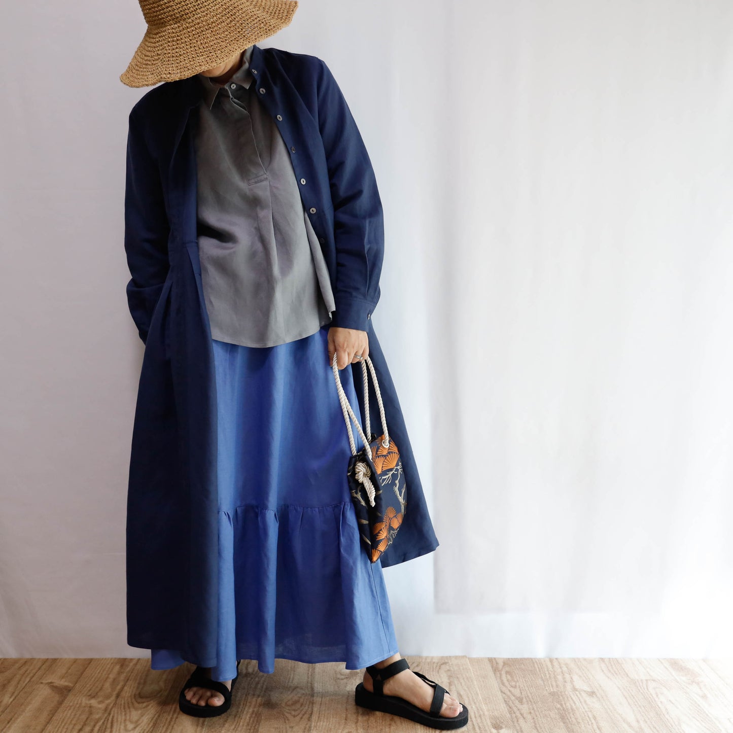 <S32B> LINEN RAYON SKIRT Blue