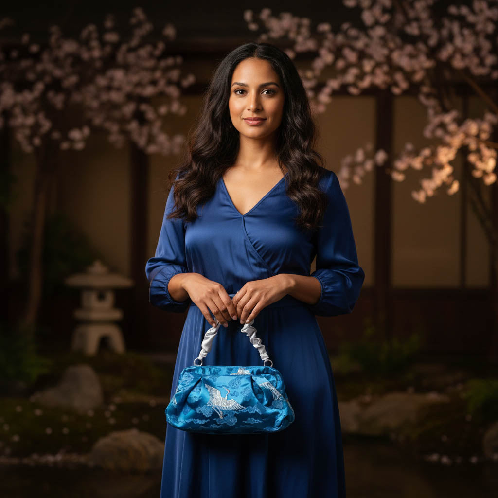 <B10CC> DIM SUM CLUTCH BAG  CYAN WITH CRANE