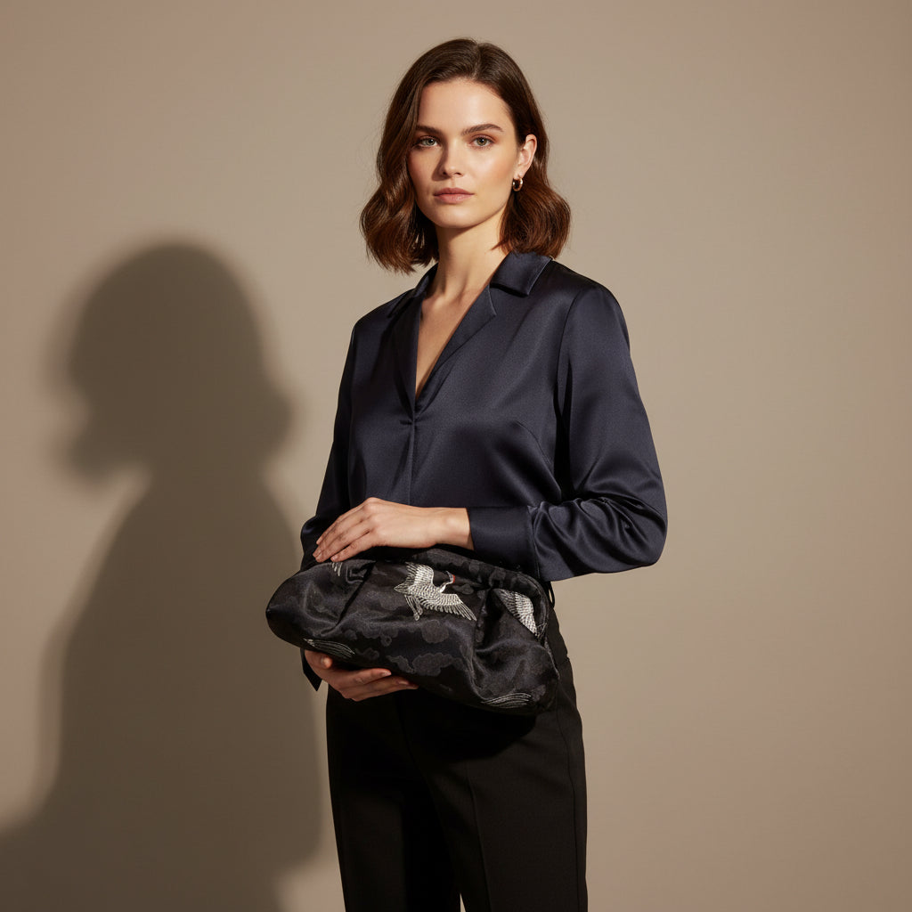 <B10CK> DIM SUM CLUTCH BAG  BLACK WITH CRANE