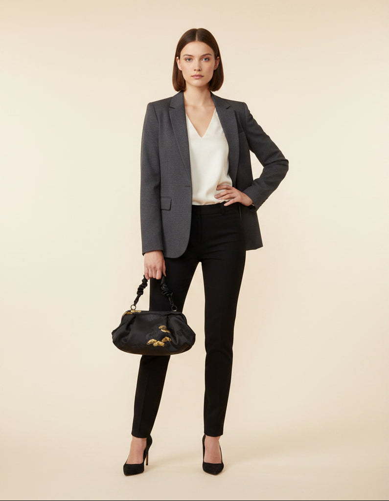 <B10P> DIM SUM CLUTCH BAG  BLACK WITH GOLD PINE TREE