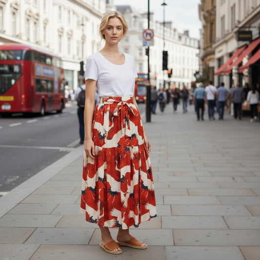 <S39CR> JAPANESE CRANE  PRINTED Skirt RED  -Length 90cm