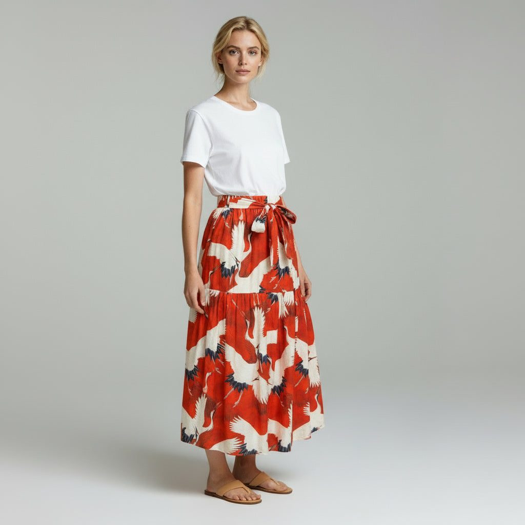 <S39CR> JAPANESE CRANE  PRINTED Skirt RED  -Length 90cm