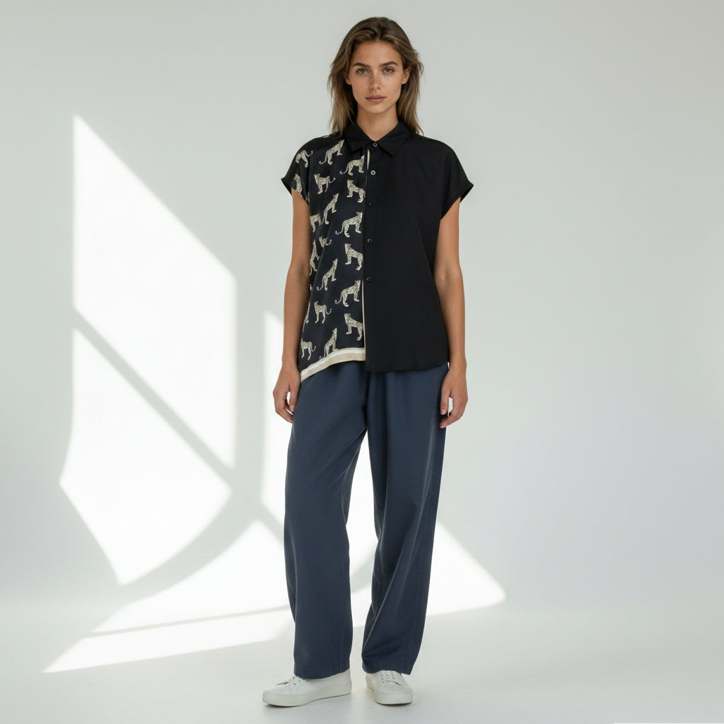 <T34-010>   One-of-a-Kind Asymmetric Sleeveless Blouse | Equestrian Scarf Panel | Silky Sheen, Slimming Fit
