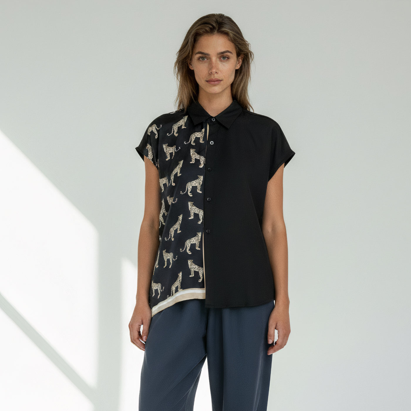 <T34-010>   One-of-a-Kind Asymmetric Sleeveless Blouse | Equestrian Scarf Panel | Silky Sheen, Slimming Fit