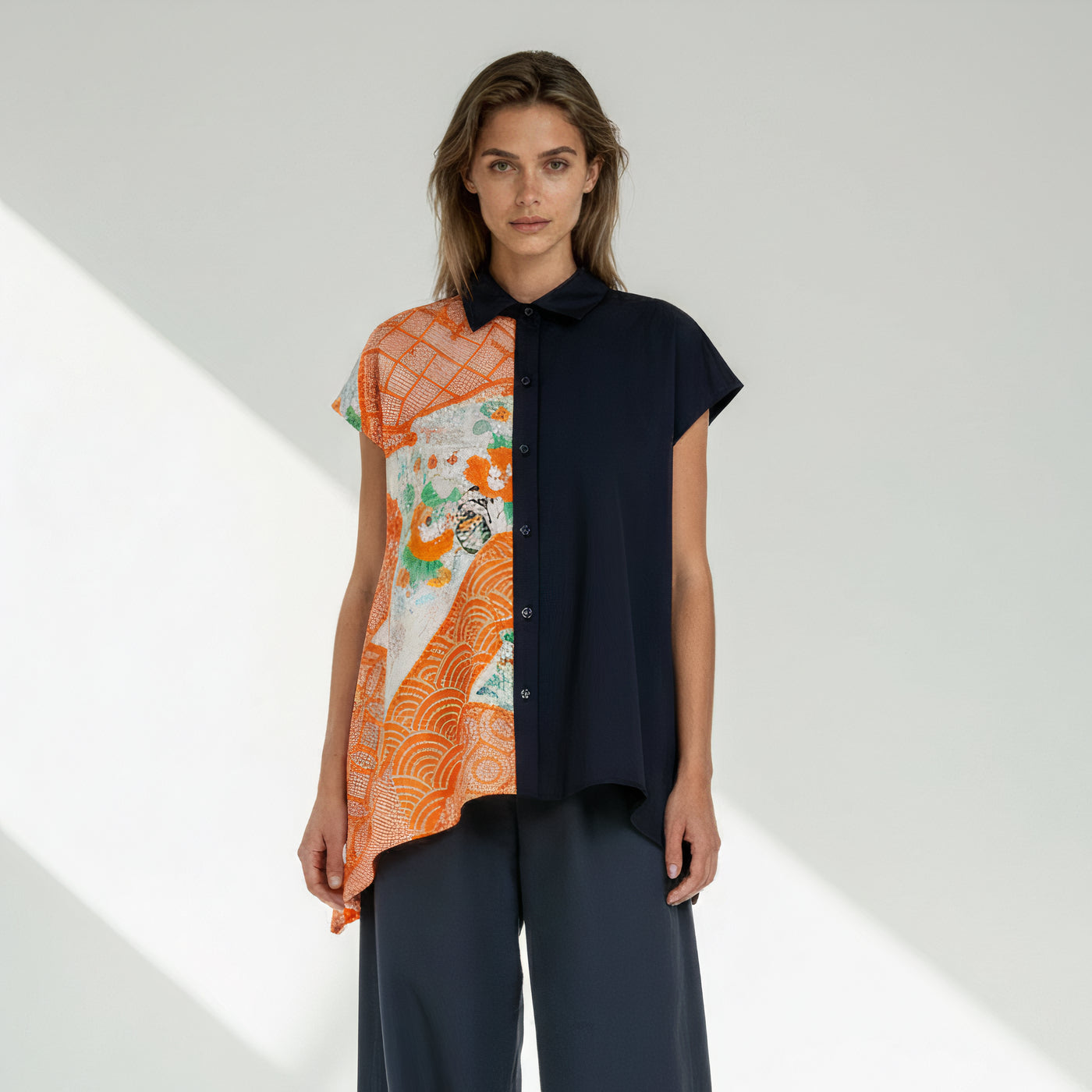 <T34K-001>  One-of-a-Kind Asymmetric Sleeveless Blouse | Kimono Silk Panel | 100% Cotton Body