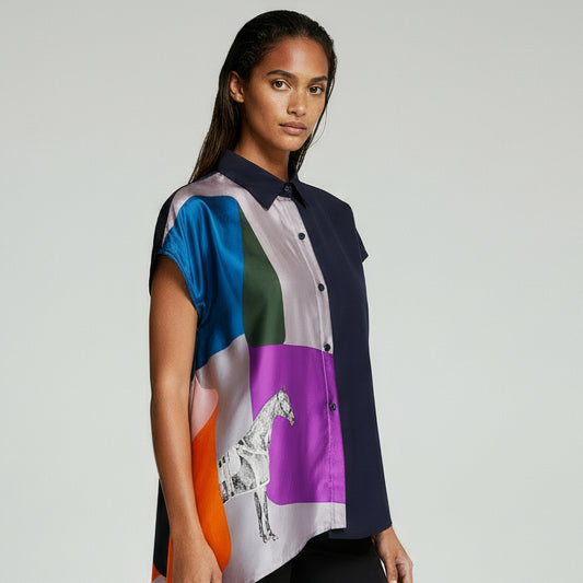 <T34-007>   One-of-a-Kind Asymmetric Sleeveless Blouse | Equestrian Scarf Panel | Silky Sheen, Slimming Fit