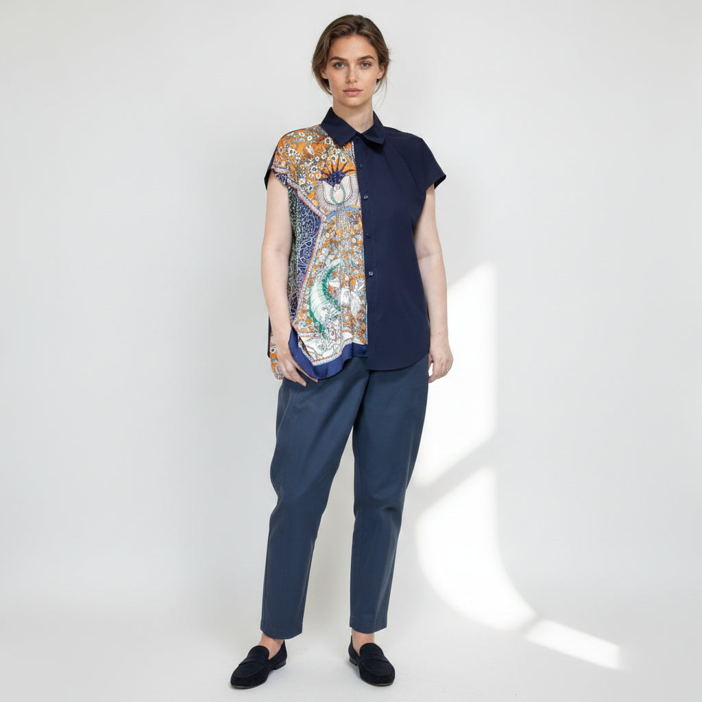 <T34-009> One-of-a-Kind Asymmetric Sleeveless Blouse | Scarf Panel | 100% Cotton Body