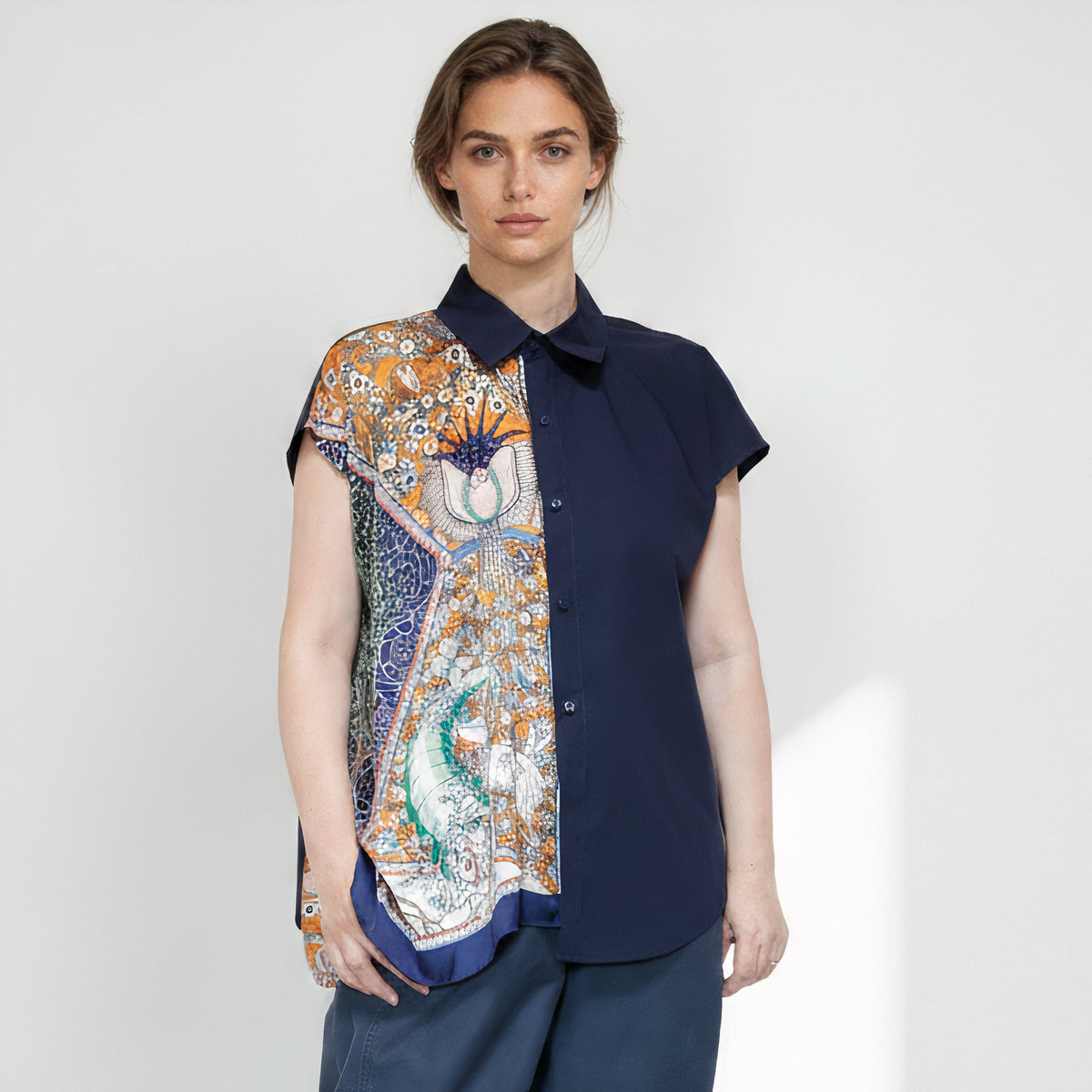 <T34-009> One-of-a-Kind Asymmetric Sleeveless Blouse | Scarf Panel | 100% Cotton Body