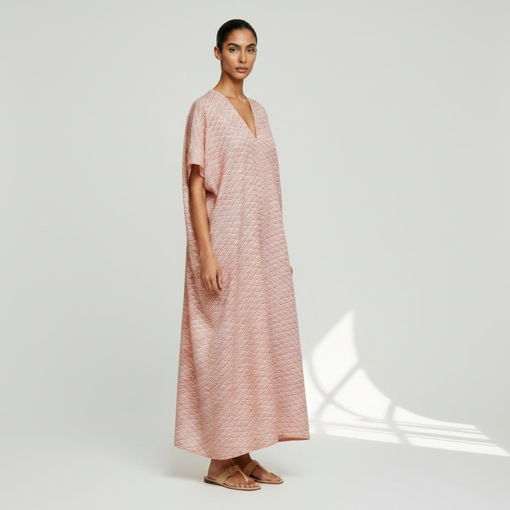 Vintage Kimono Square Dress | Coral Pink Seigaiha Wave Pattern | Silk Kaftan Maxi Dress