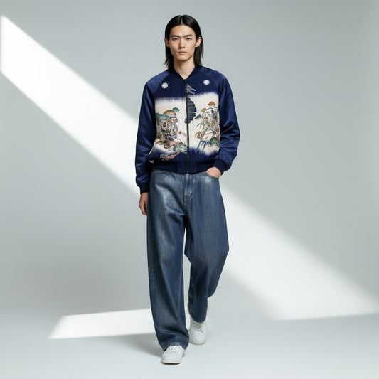 ヴィンテージ着物リメイク ボンバージャケット メンズL | シルク和柄ジップアップ | RIKA SHIOYA BOUTIQUE