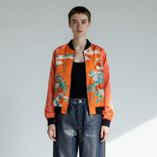 Vintage Kimono Bomber Jacket M size | Silk Zip-Up Japanese Pattern Unisex ORANGE