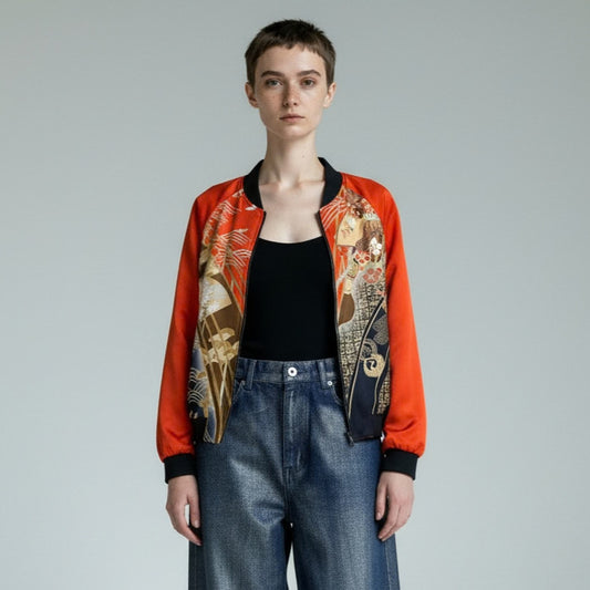 Vintage Kimono Bomber Jacket  L size | Silk Zip-Up Japanese Pattern Unisex  ORANGE