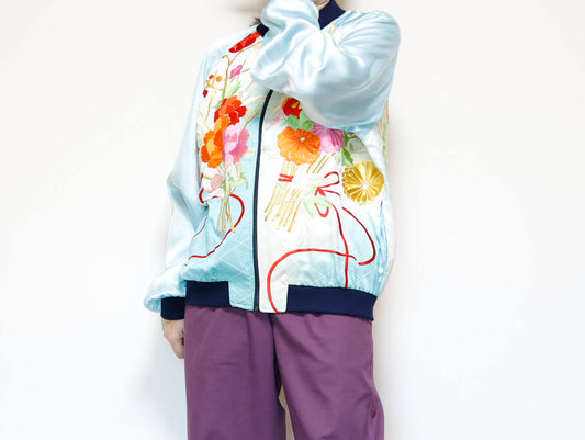 ヴィンテージ着物リメイク ボンバージャケット レディースXL メンズM | シルク和柄ジップアップ | RIKA SHIOYA BOUTIQUE