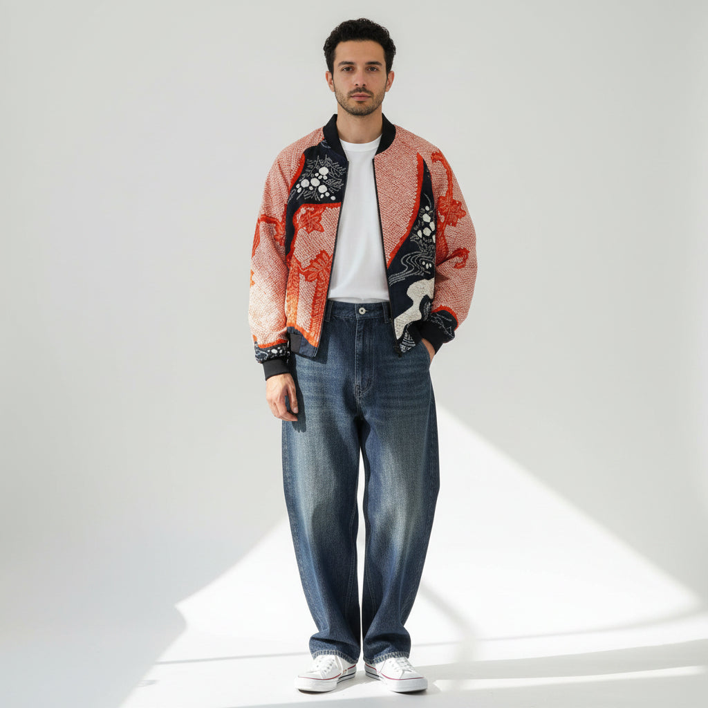 KIMONO BOMBER Jacket -Men's M Women’s XL | Silk Zip-Up Japanese Pattern Unisex