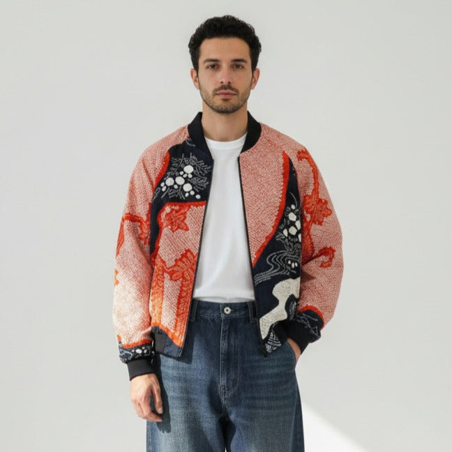 KIMONO BOMBER Jacket -Men's M Women’s XL | Silk Zip-Up Japanese Pattern Unisex
