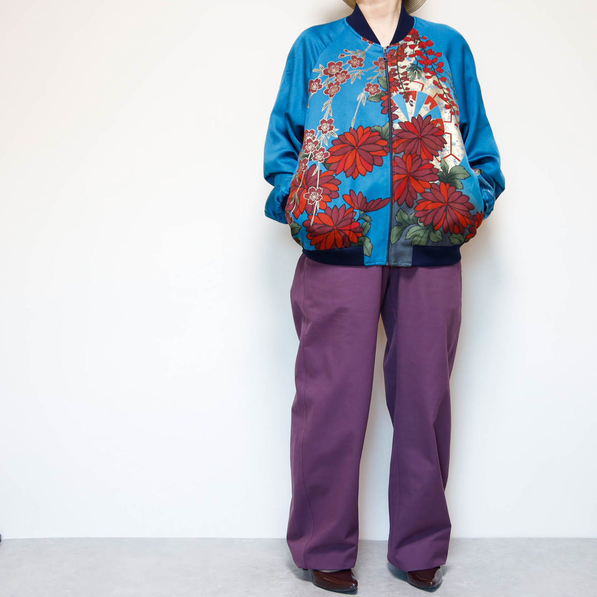 ヴィンテージ着物リメイク ボンバージャケット メンズL | シルク和柄ジップアップ | RIKA SHIOYA BOUTIQUE