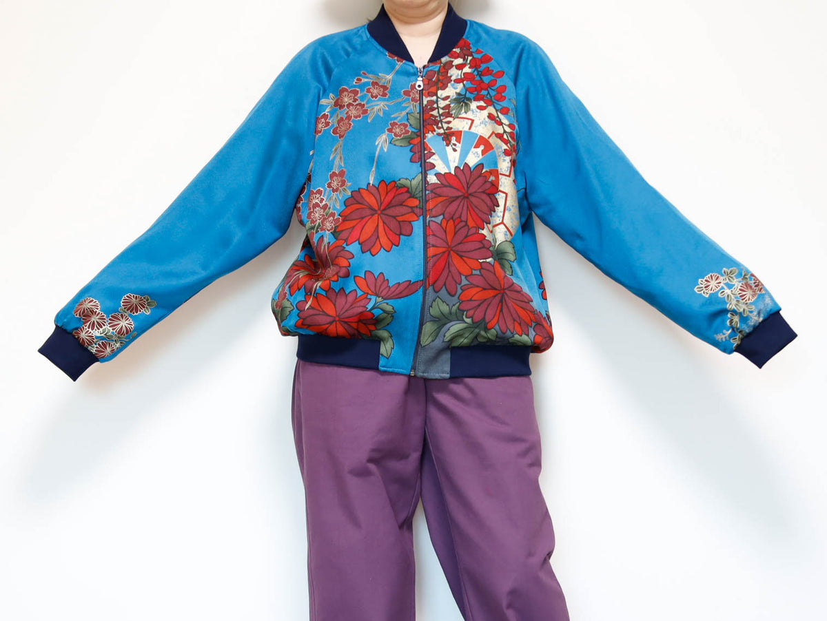 ヴィンテージ着物リメイク ボンバージャケット メンズL | シルク和柄ジップアップ | RIKA SHIOYA BOUTIQUE