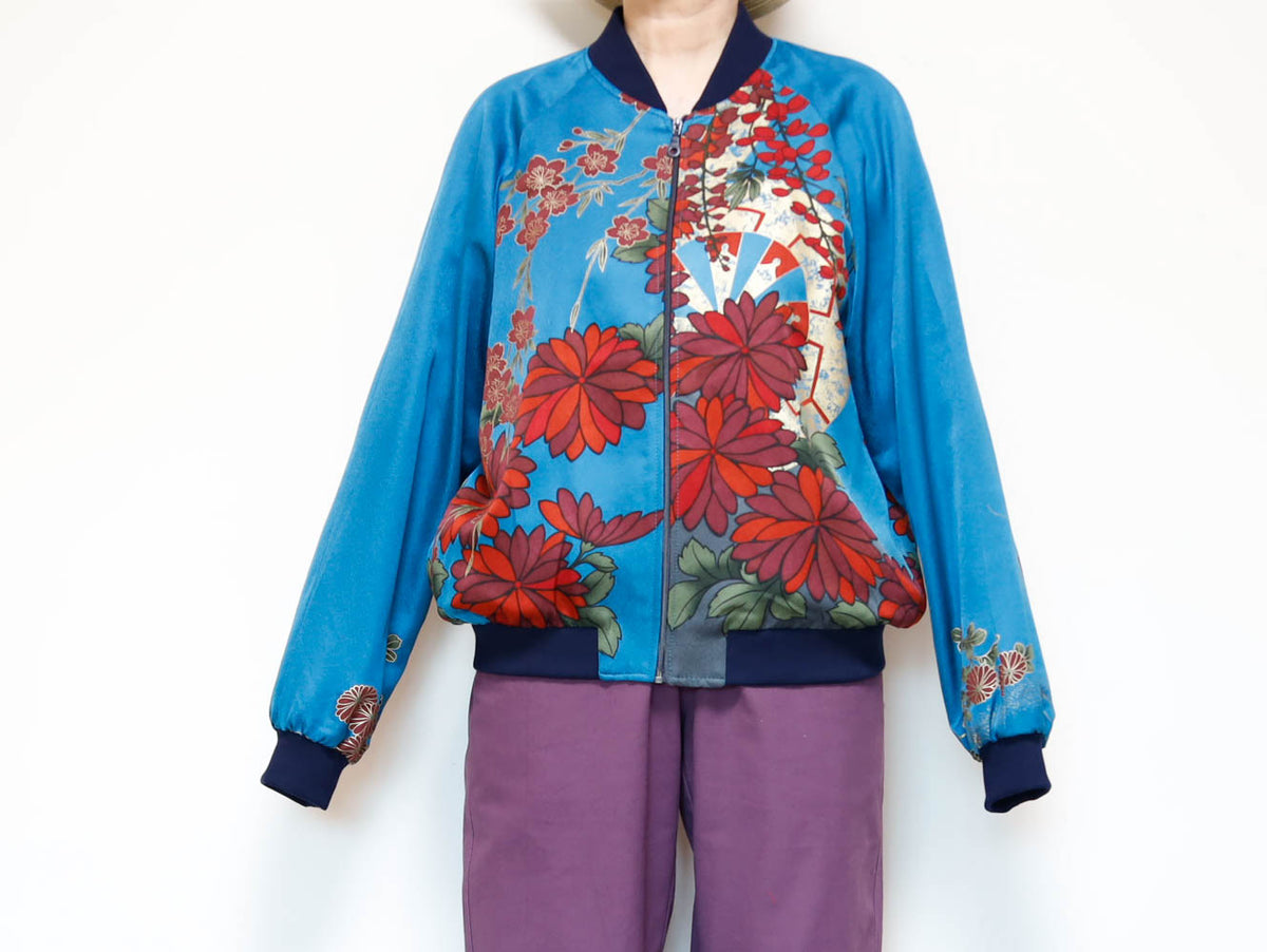 ヴィンテージ着物リメイク ボンバージャケット メンズL | シルク和柄ジップアップ | RIKA SHIOYA BOUTIQUE