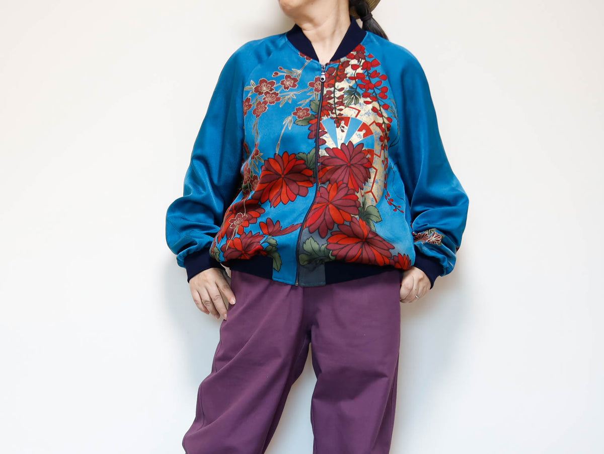 ヴィンテージ着物リメイク ボンバージャケット メンズL | シルク和柄ジップアップ | RIKA SHIOYA BOUTIQUE