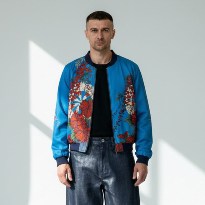 Vintage Kimono Bomber Jacket Mens XL | Silk Zip-Up Japanese Pattern Unisex