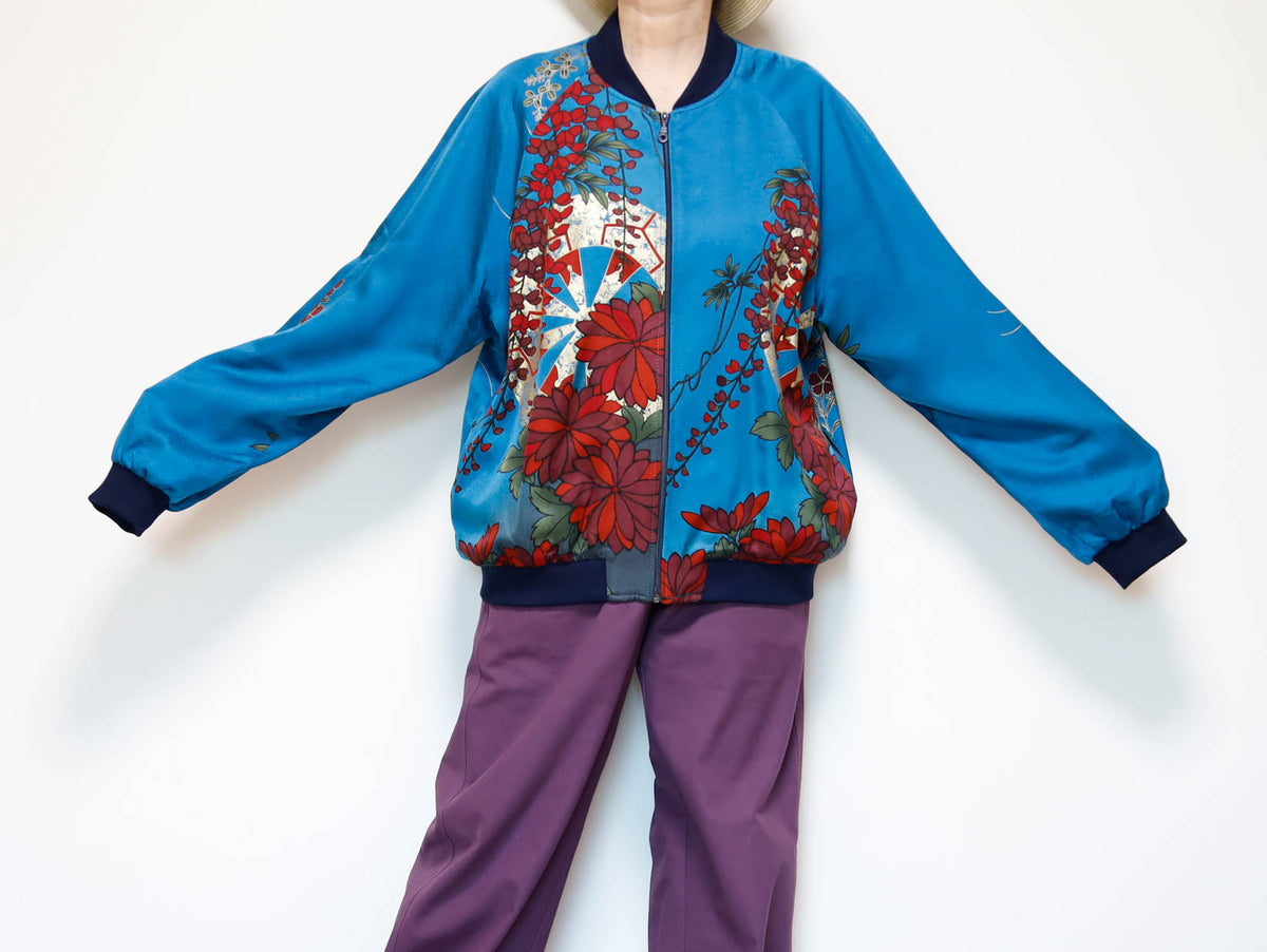 Vintage Kimono Bomber Jacket Mens XL | Silk Zip-Up Japanese Pattern Unisex