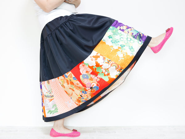 <S05-026> KIMONO Patch-worked Skirt -LONG