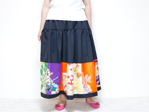 <S05-026> KIMONO Patch-worked Skirt -LONG