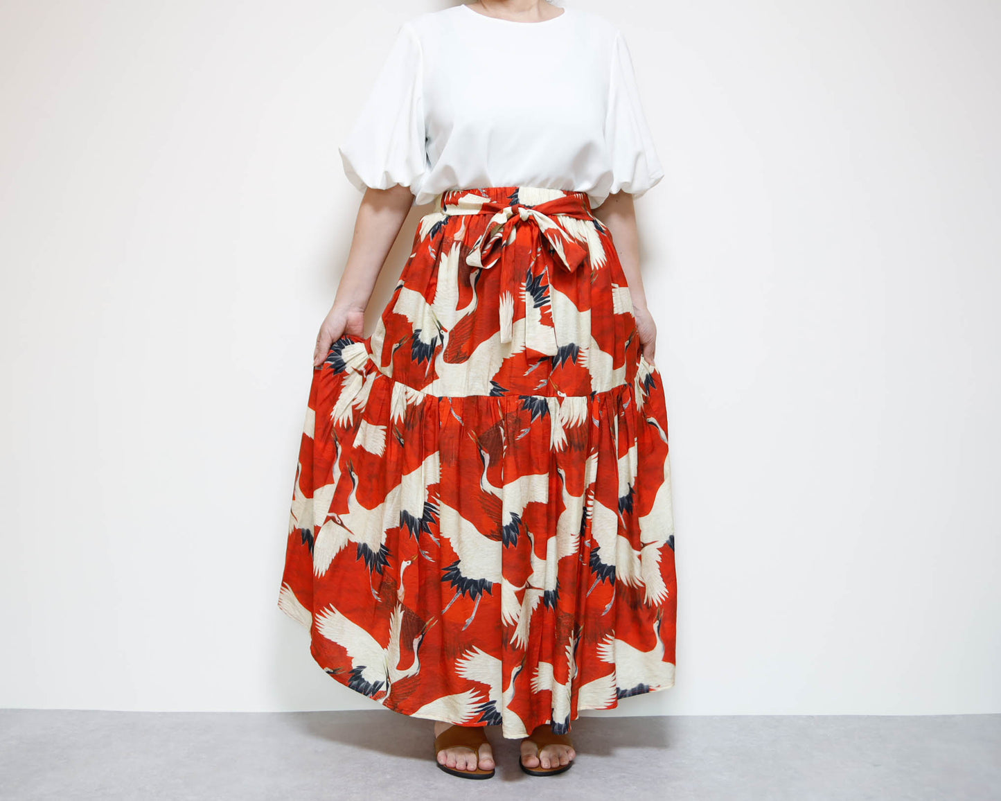 <S39CR> JAPANESE CRANE  PRINTED Skirt RED  -Length 90cm