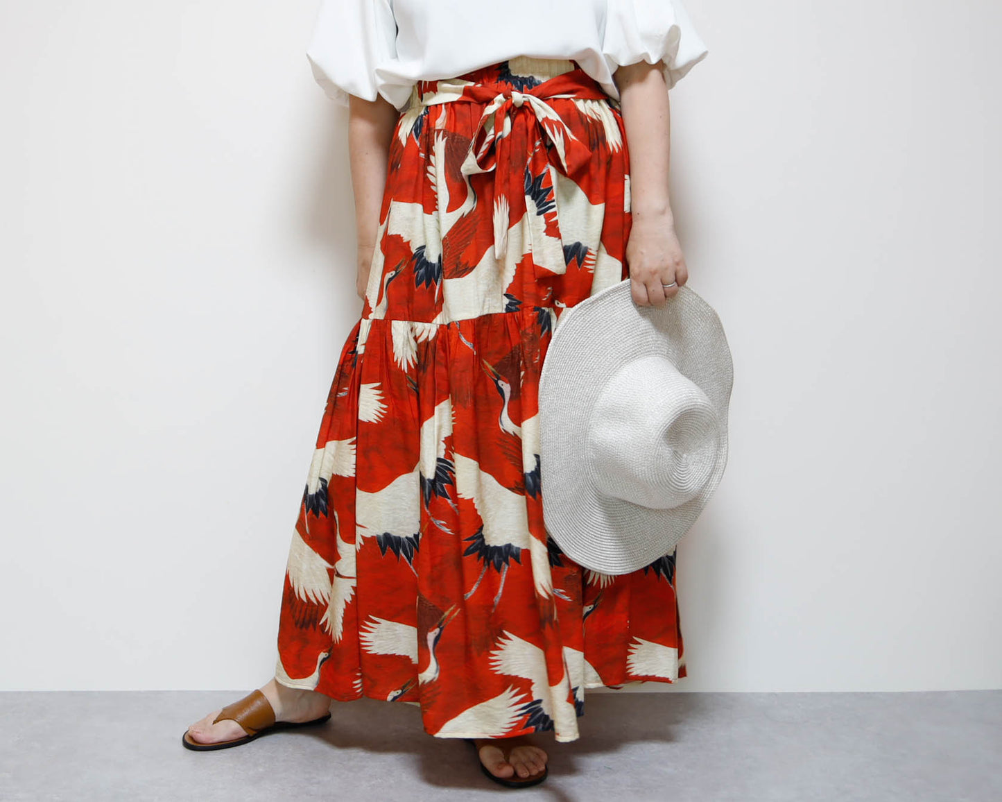 <S39CR> JAPANESE CRANE  PRINTED Skirt RED  -Length 90cm