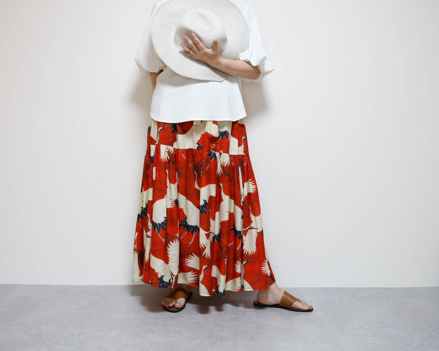 <S39CR> JAPANESE CRANE  PRINTED Skirt RED  -Length 90cm
