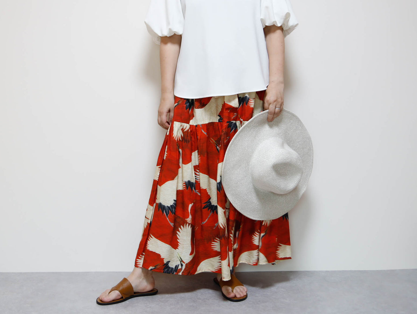 <S39CR> JAPANESE CRANE  PRINTED Skirt RED  -Length 90cm