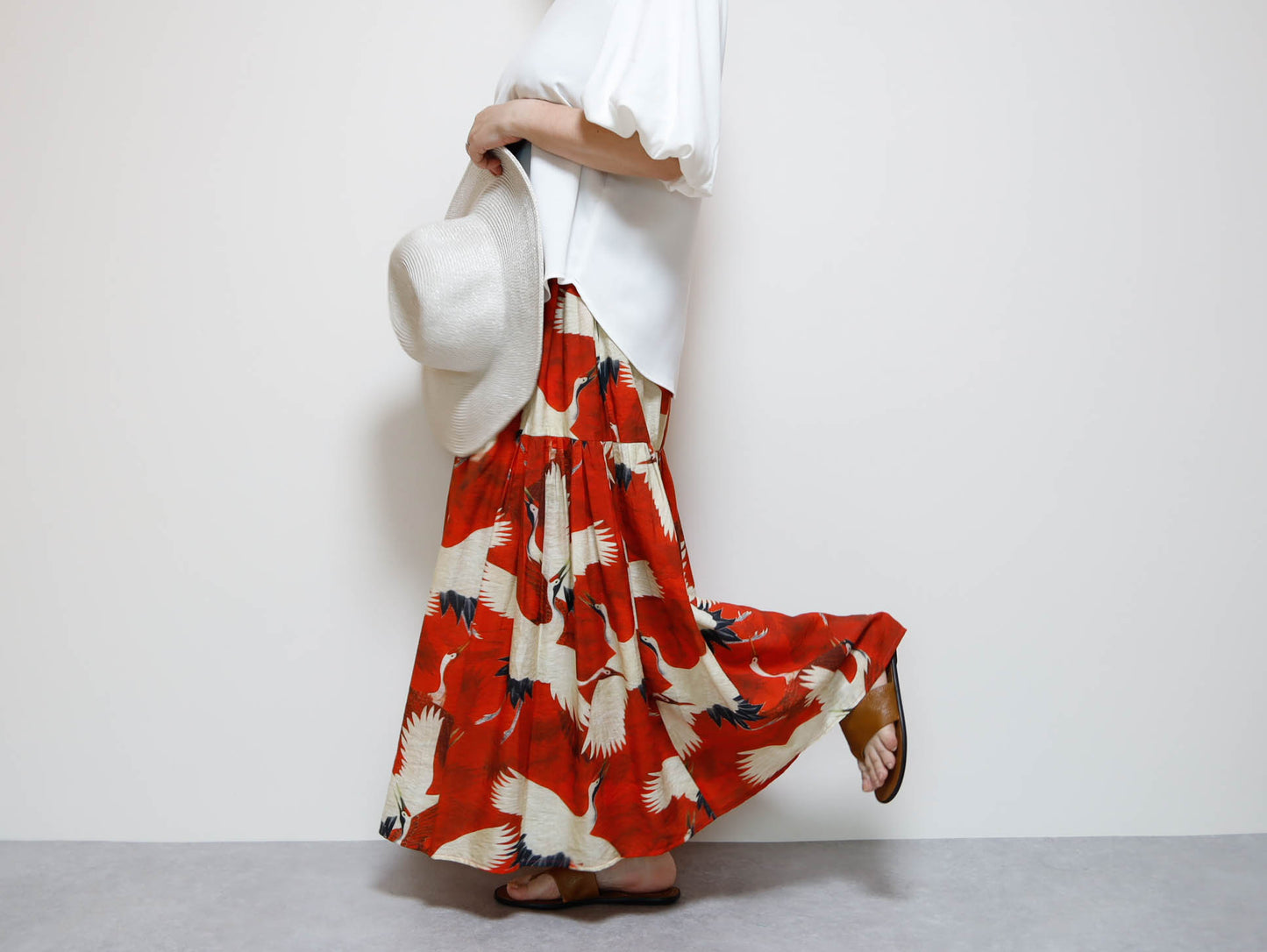 <S39CR> JAPANESE CRANE  PRINTED Skirt RED  -Length 90cm