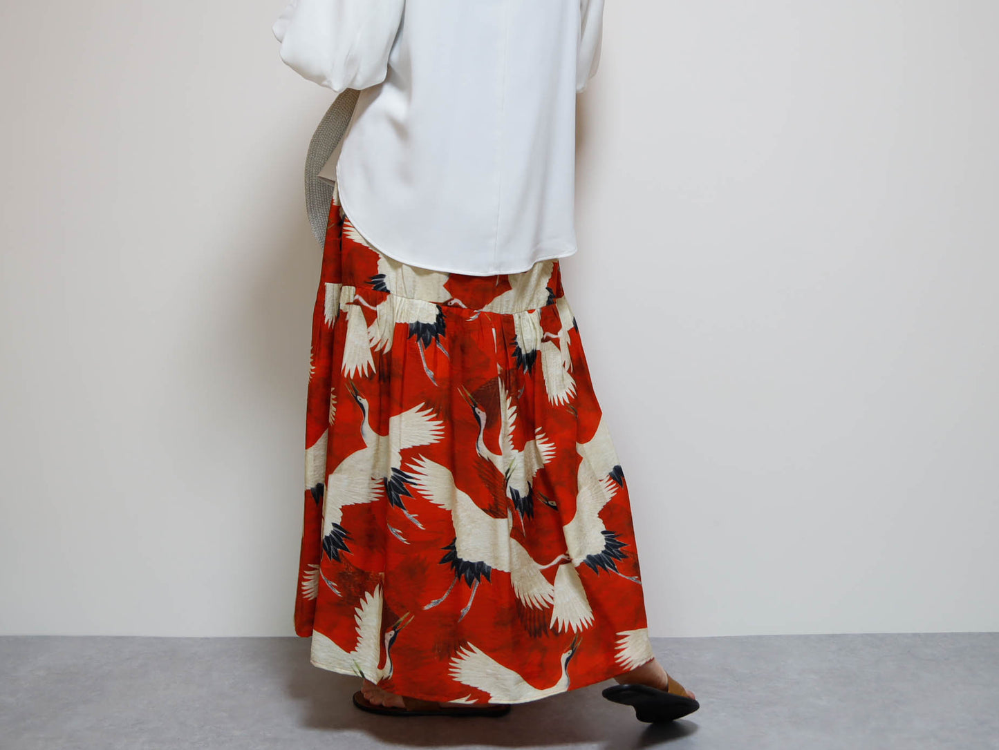 <S39CR> JAPANESE CRANE  PRINTED Skirt RED  -Length 90cm