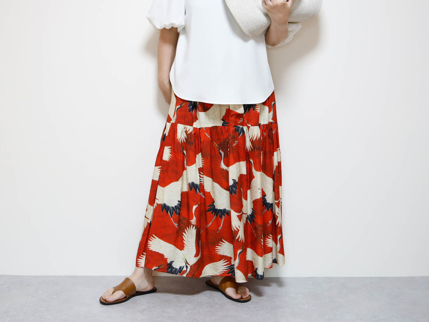 <S39CR> JAPANESE CRANE  PRINTED Skirt RED  -Length 90cm